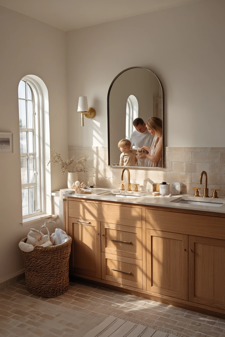 Shared Morning Vanity with a Thin Brass Arch