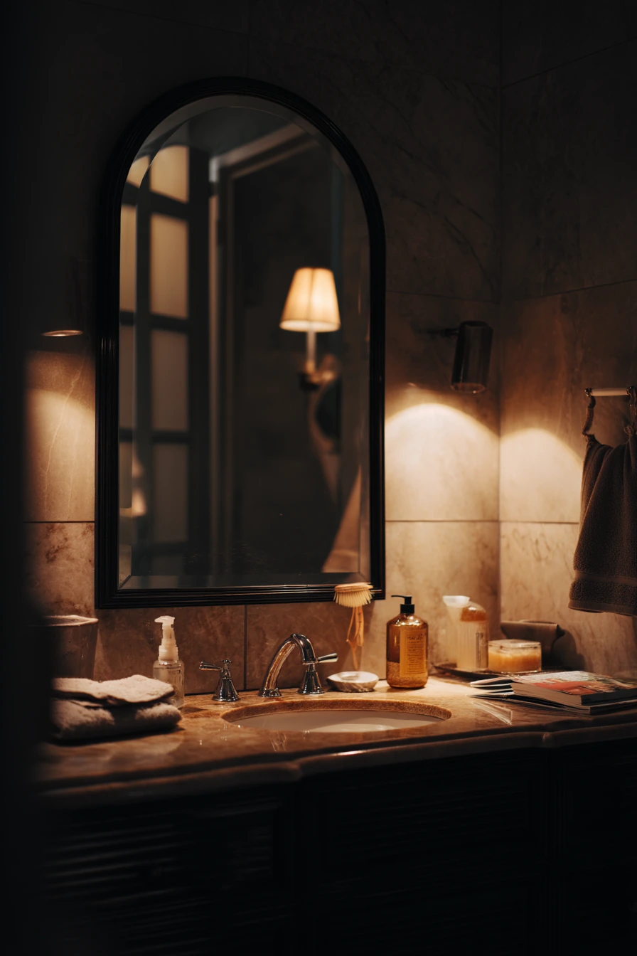Black Framed Arch in a Moody Evening Bath