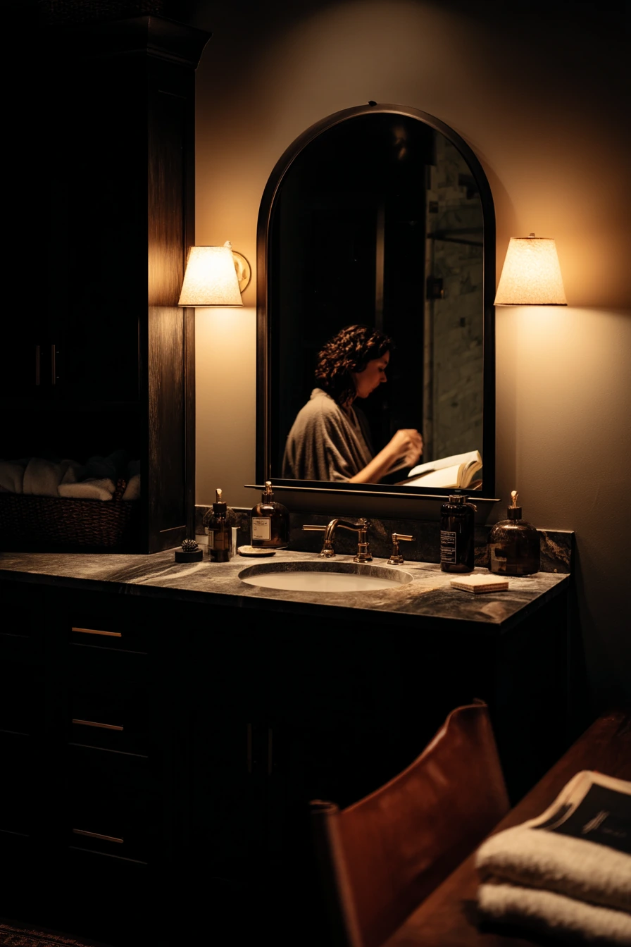 Black Framed Arch in a Moody Evening Bath