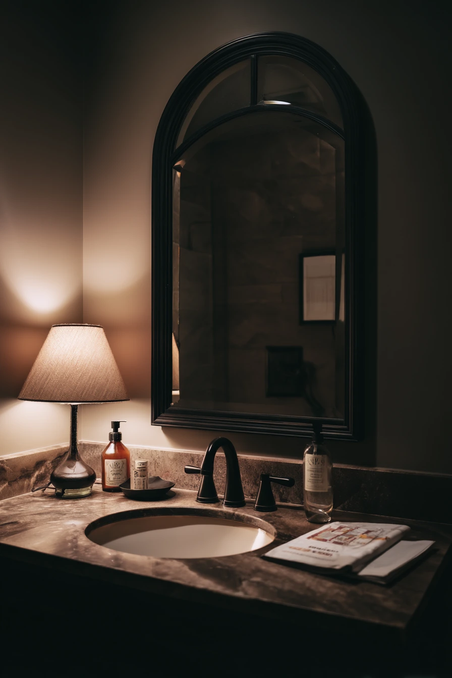 Black Framed Arch in a Moody Evening Bath