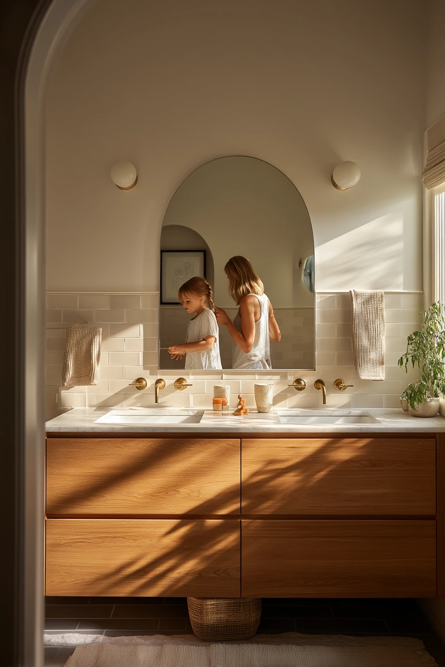 Shared Morning Vanity with a Thin Brass Arch