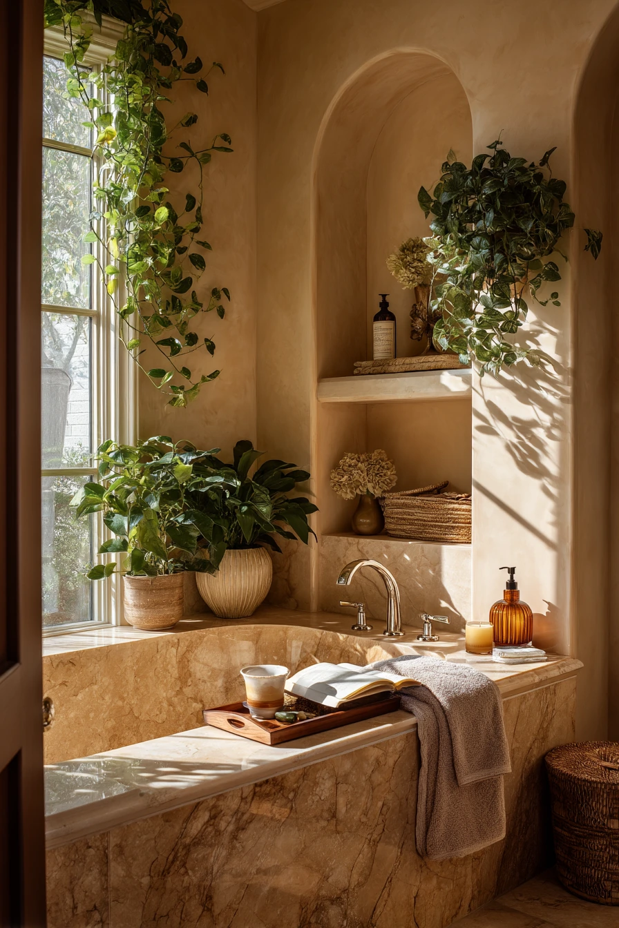 Spa-Like Art Deco Bath with Plant Life