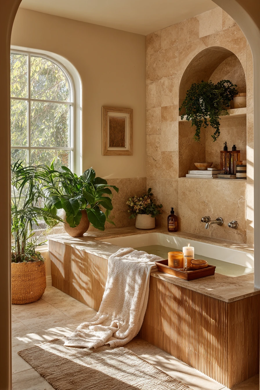 Spa-Like Art Deco Bath with Plant Life