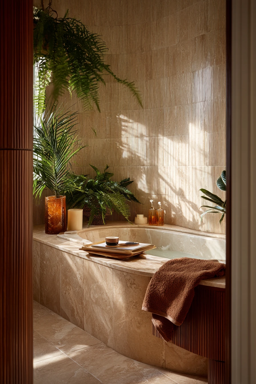 Spa-Like Art Deco Bath with Plant Life