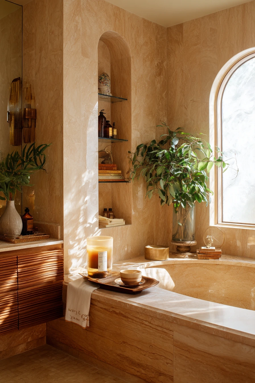 Spa-Like Art Deco Bath with Plant Life