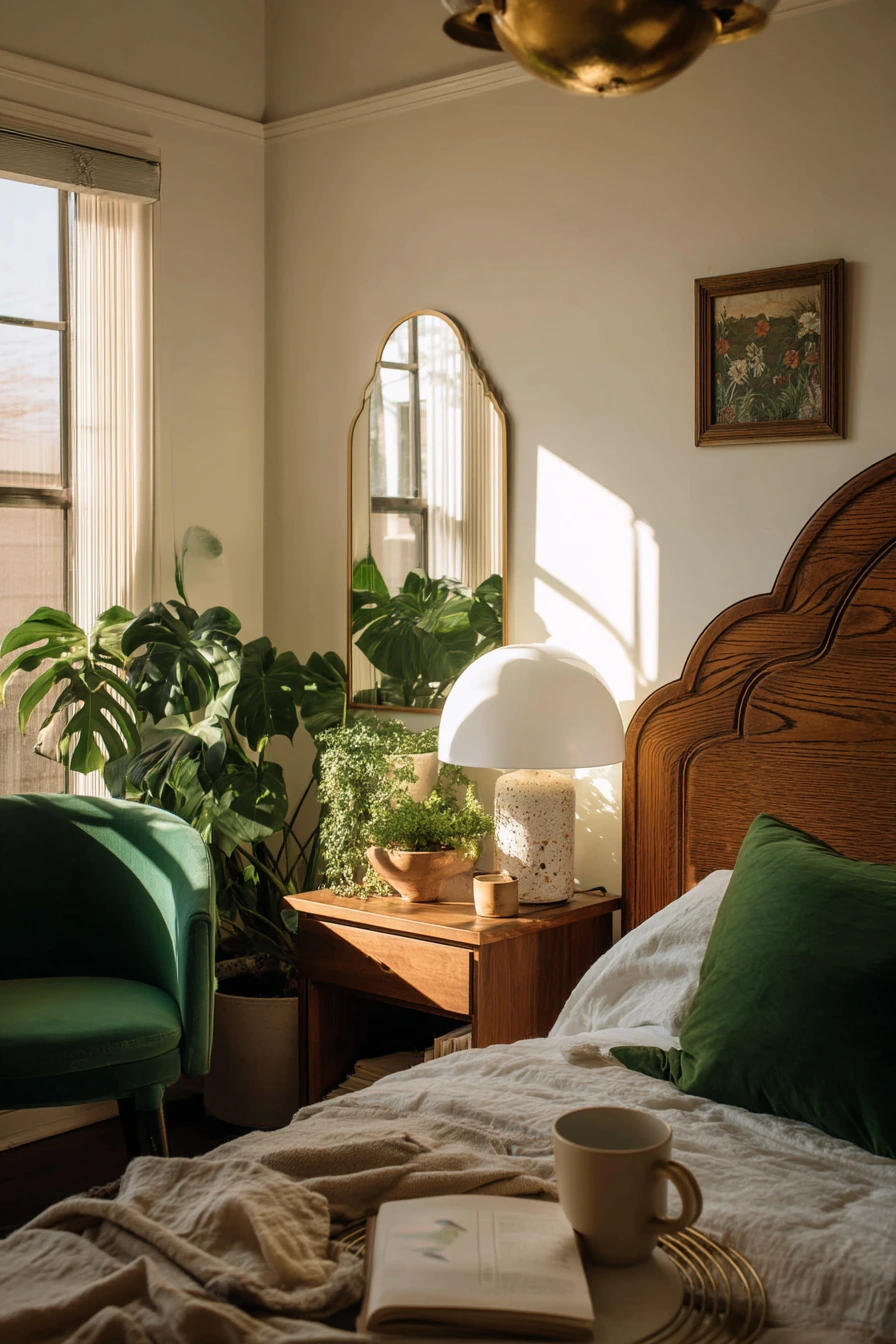 Bright Art Deco Bedroom with Plant Life