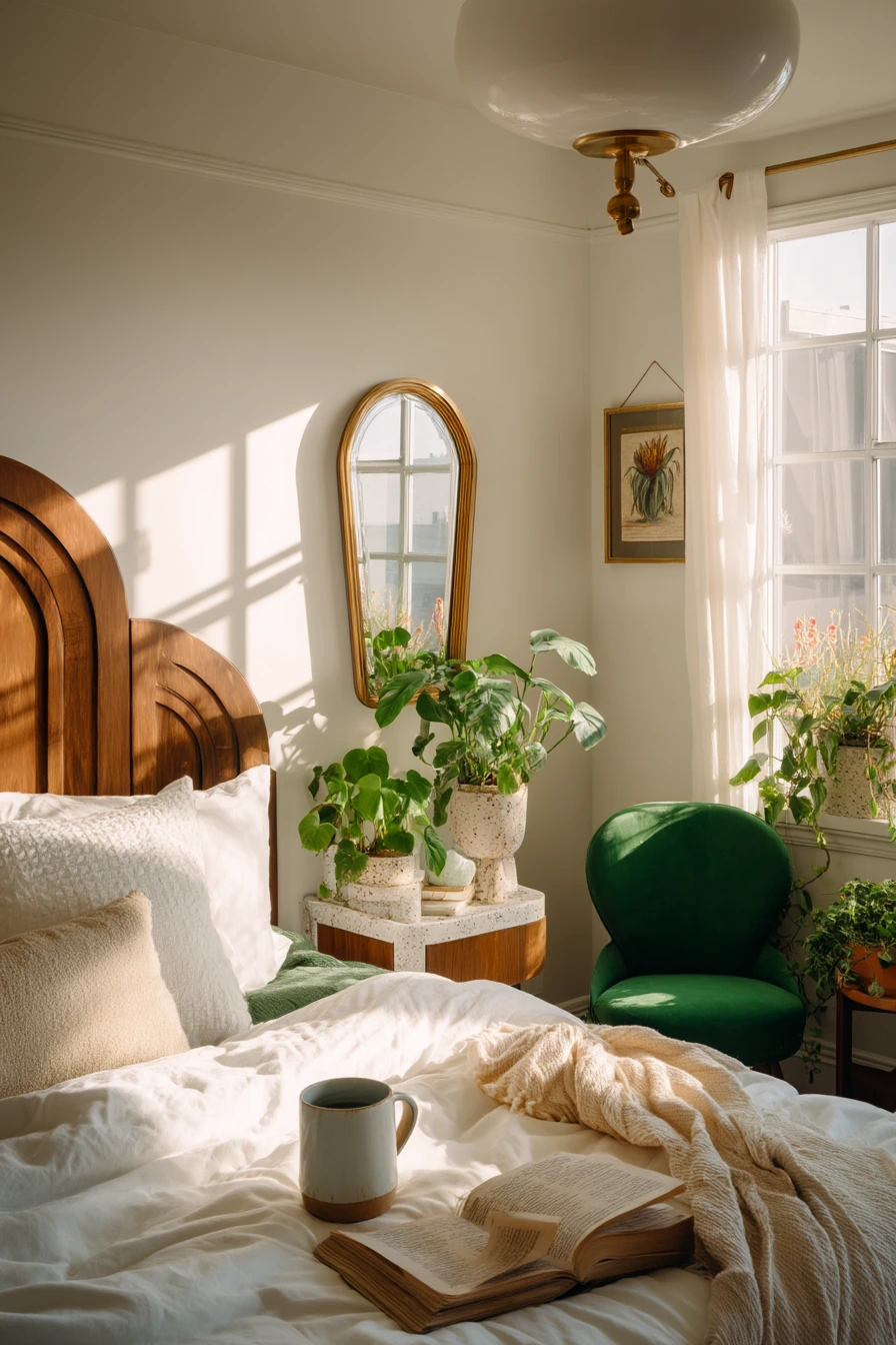 Bright Art Deco Bedroom with Plant Life