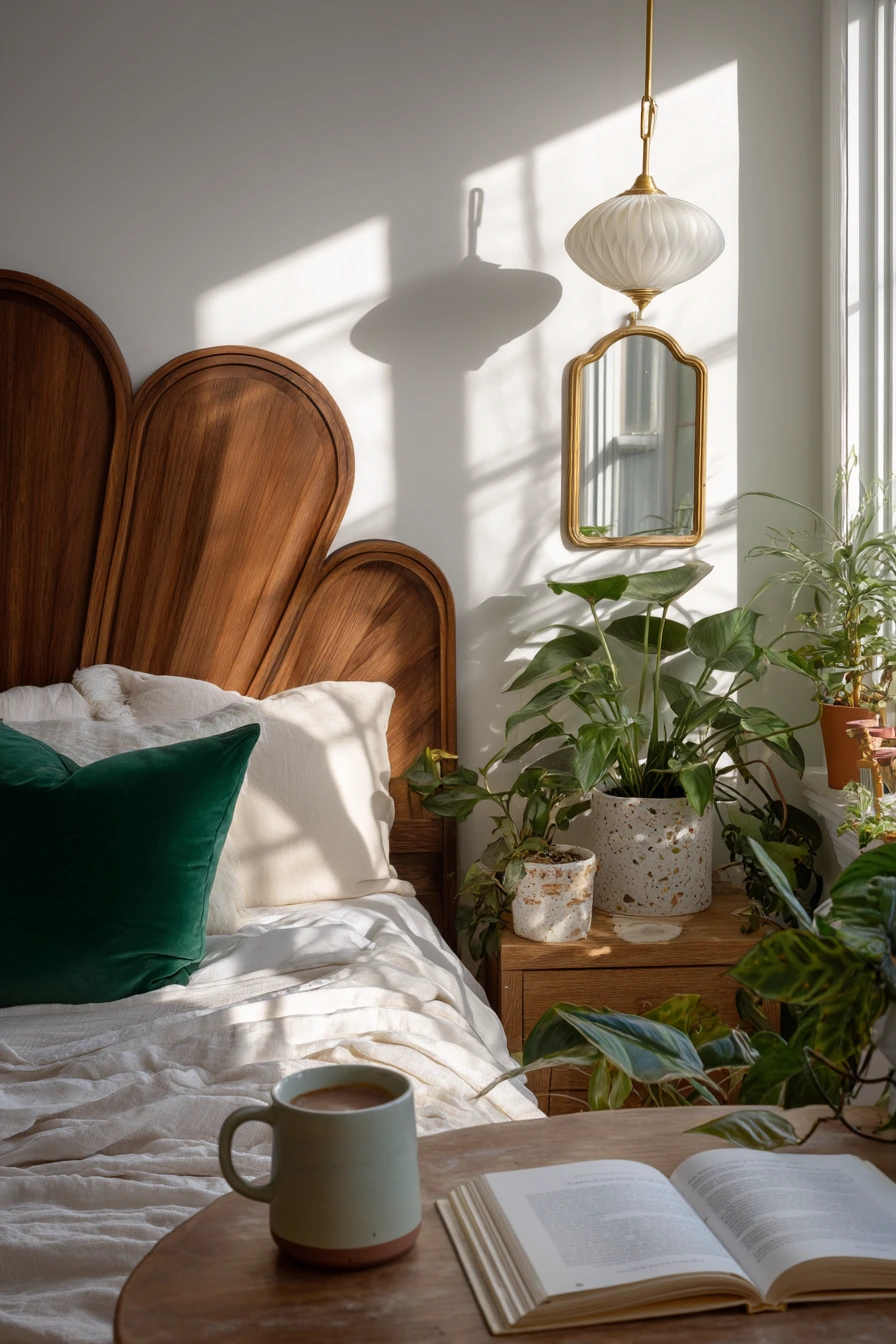 Bright Art Deco Bedroom with Plant Life