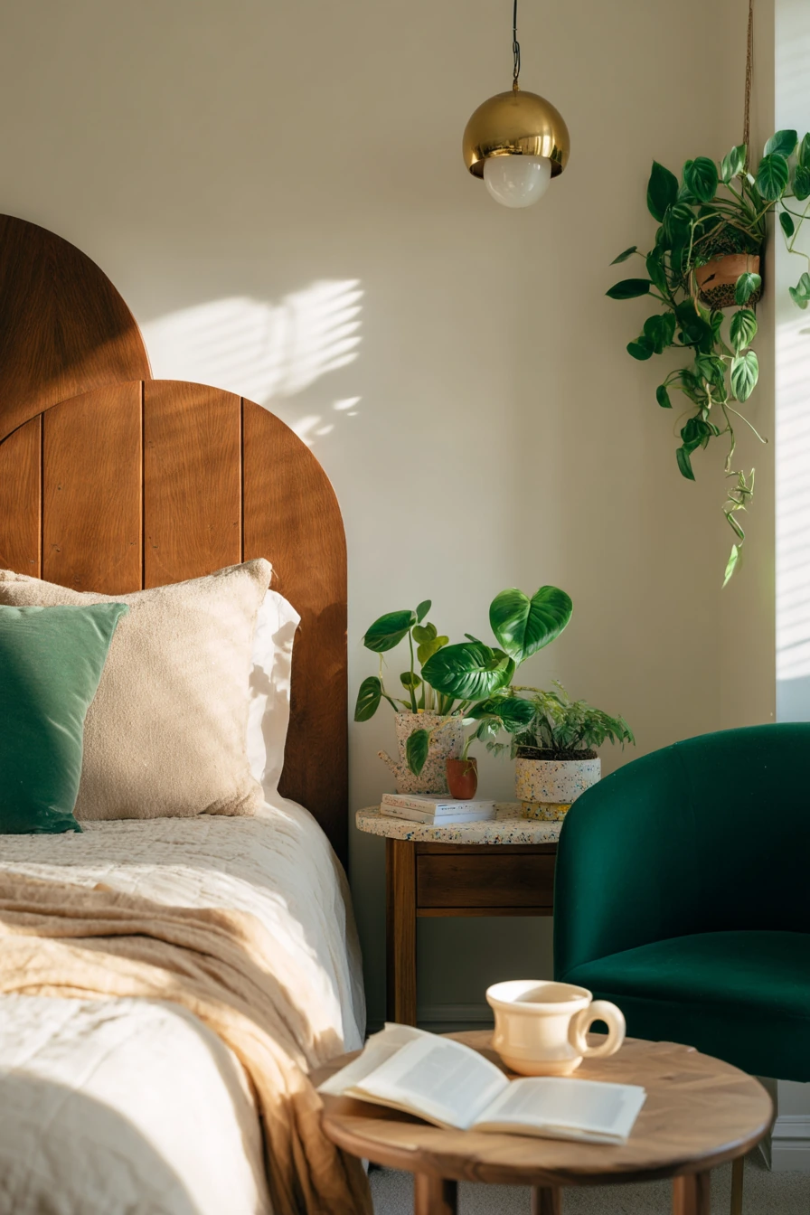 Bright Art Deco Bedroom with Plant Life
