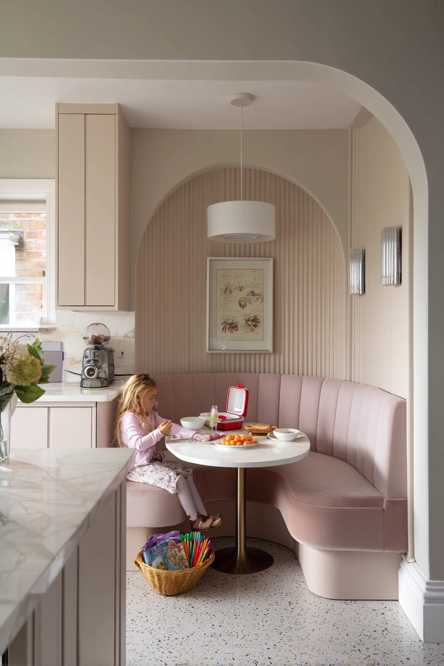 Small Art Deco Kitchen with Banquette Seating