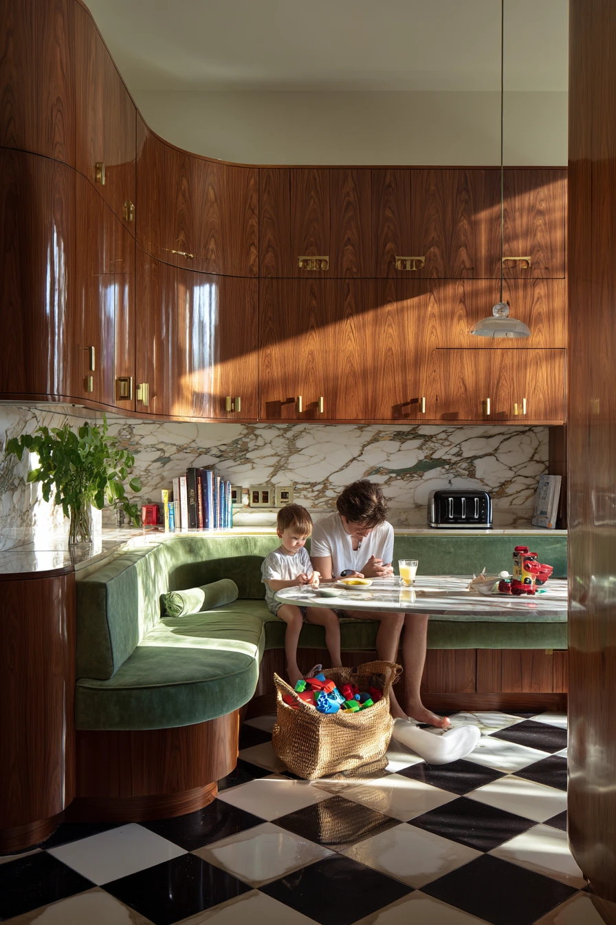 Streamlined Art Deco Family Kitchen with Breakfast Nook
