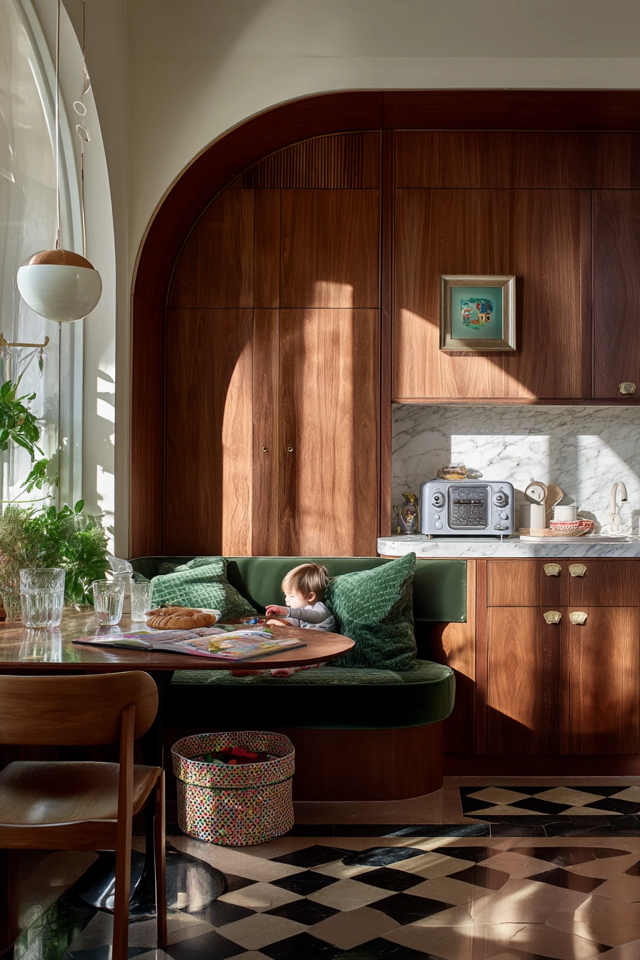 Streamlined Art Deco Family Kitchen with Breakfast Nook