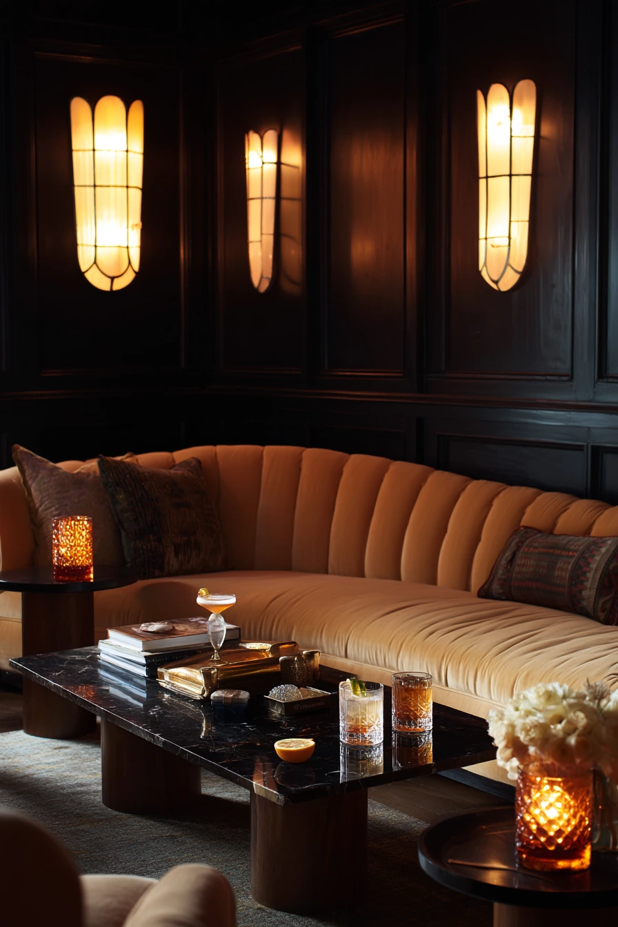 Evening Entertaining in a Velvet and Brass Living Room