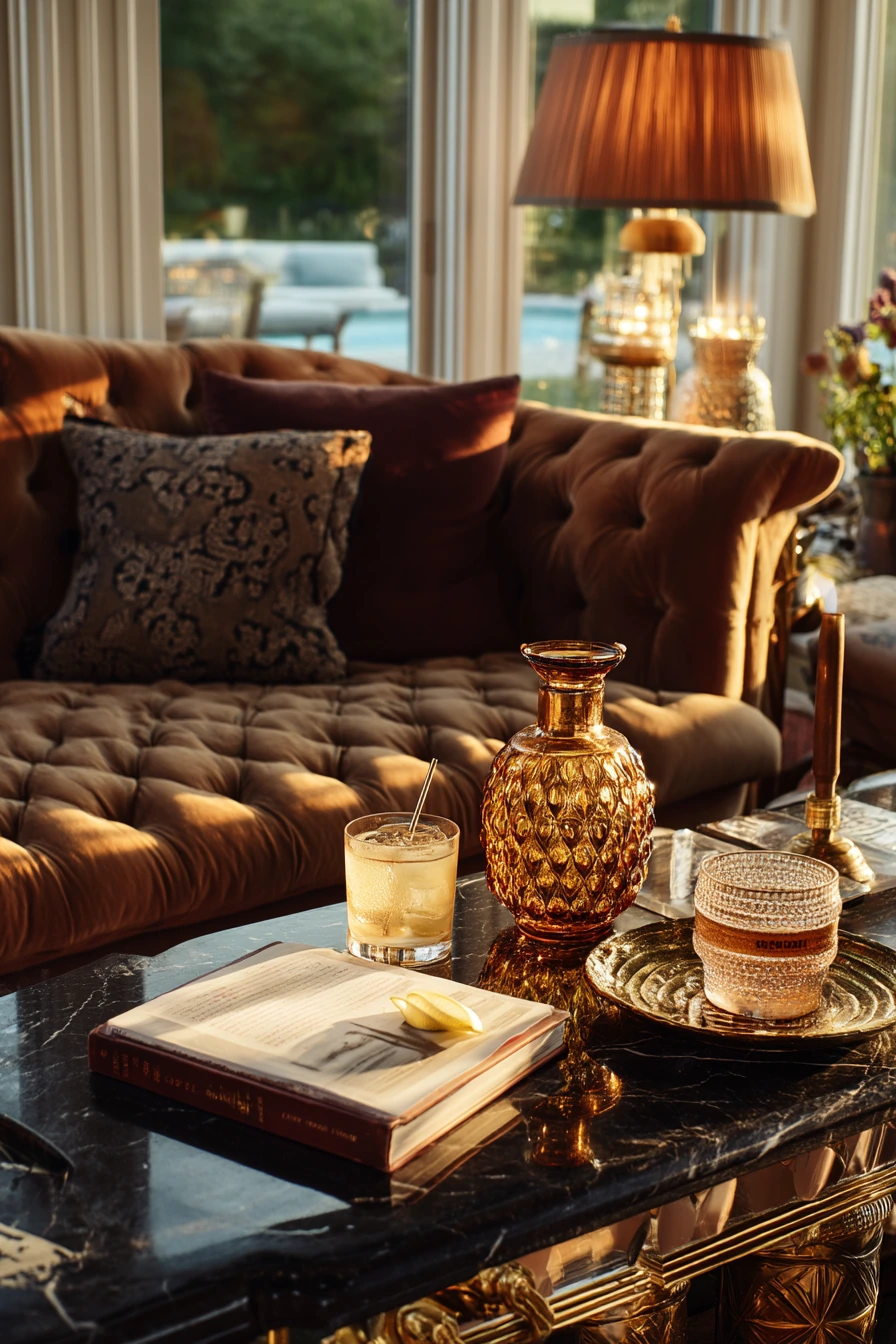 Evening Entertaining in a Velvet and Brass Living Room