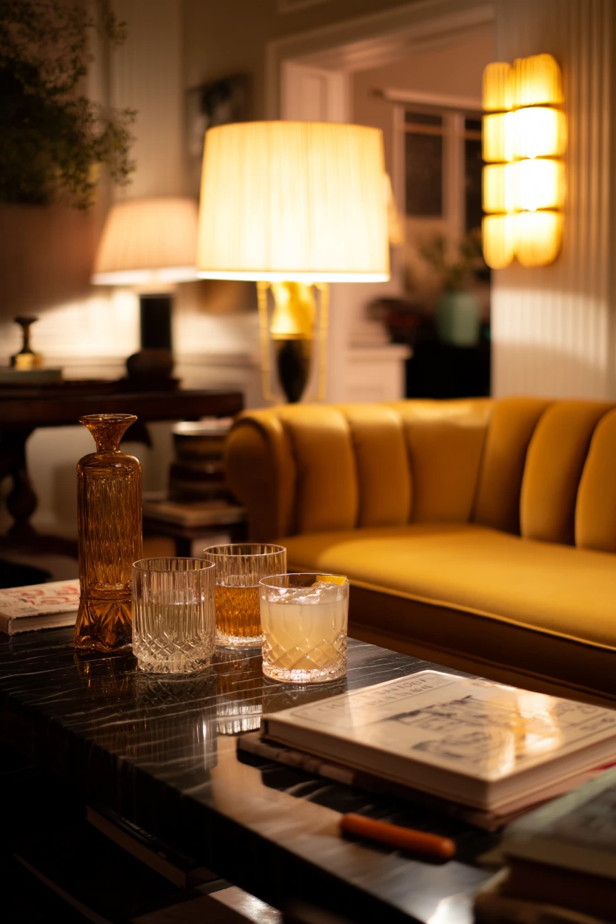 Evening Entertaining in a Velvet and Brass Living Room