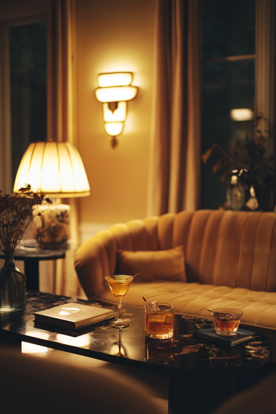 Evening Entertaining in a Velvet and Brass Living Room