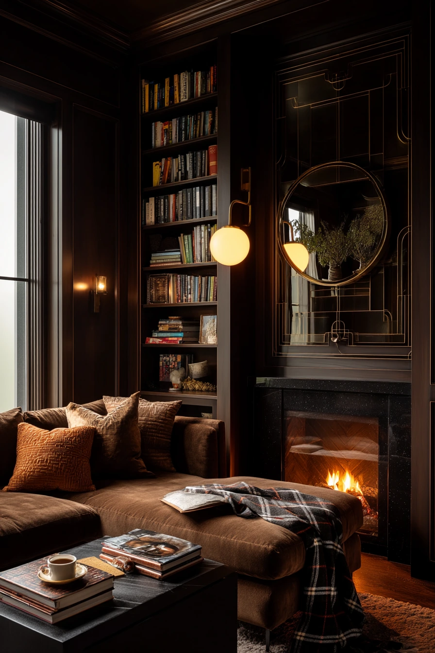 Moody Deco Library Living Room