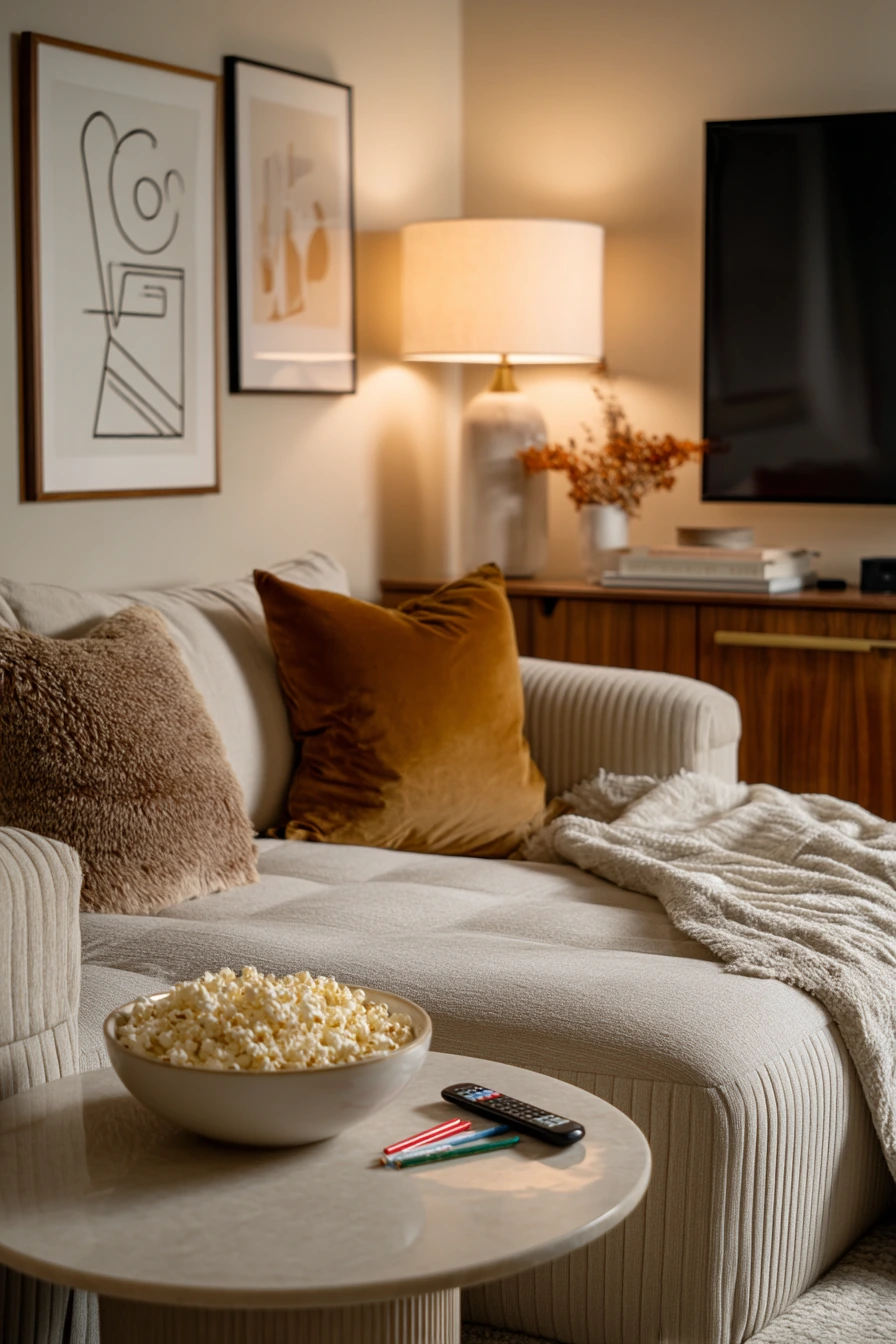 Family Movie Night in a Deco-Influenced Den