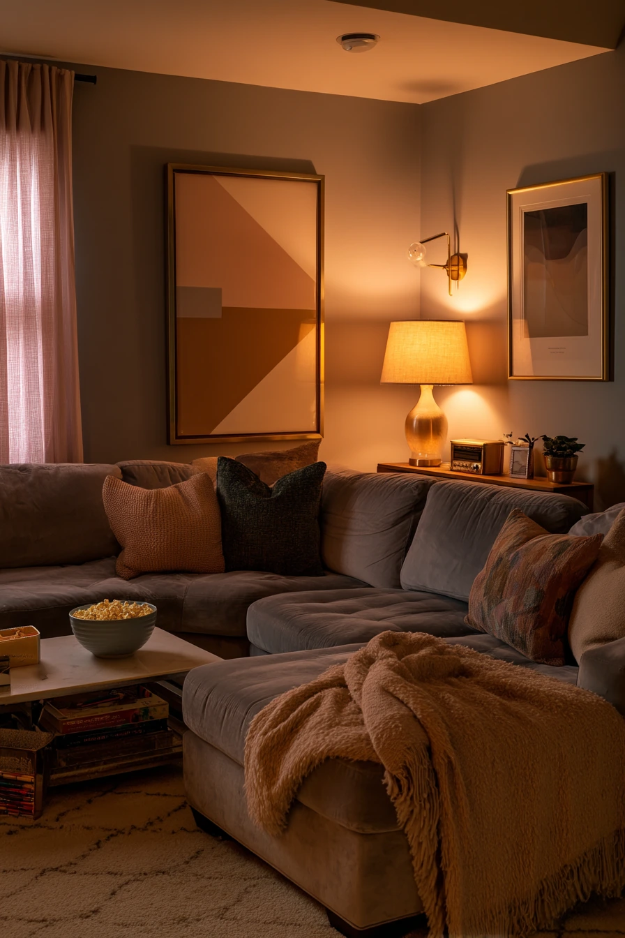 Family Movie Night in a Deco-Influenced Den