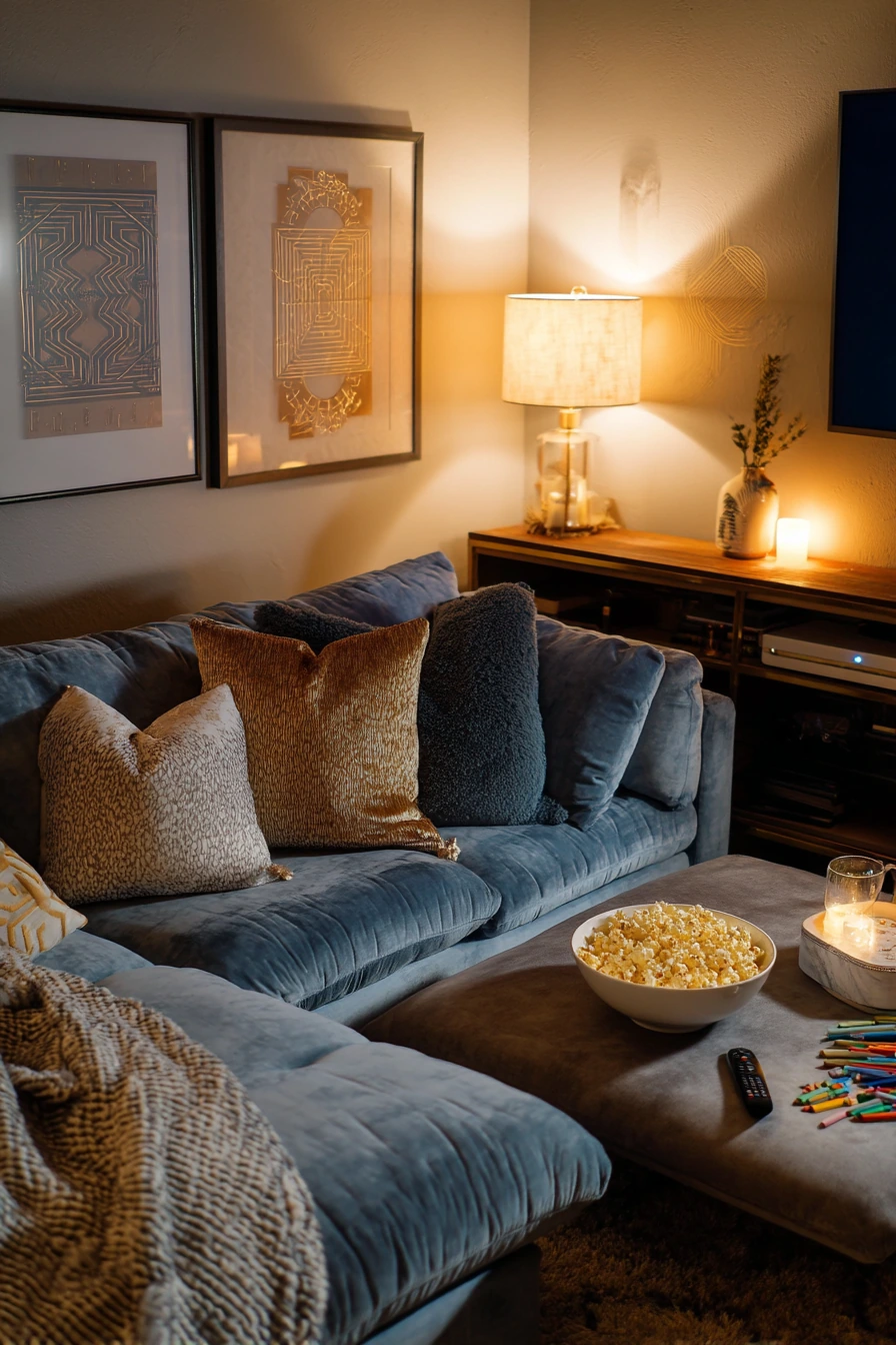 Family Movie Night in a Deco-Influenced Den