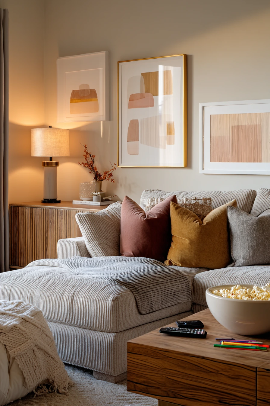 Family Movie Night in a Deco-Influenced Den