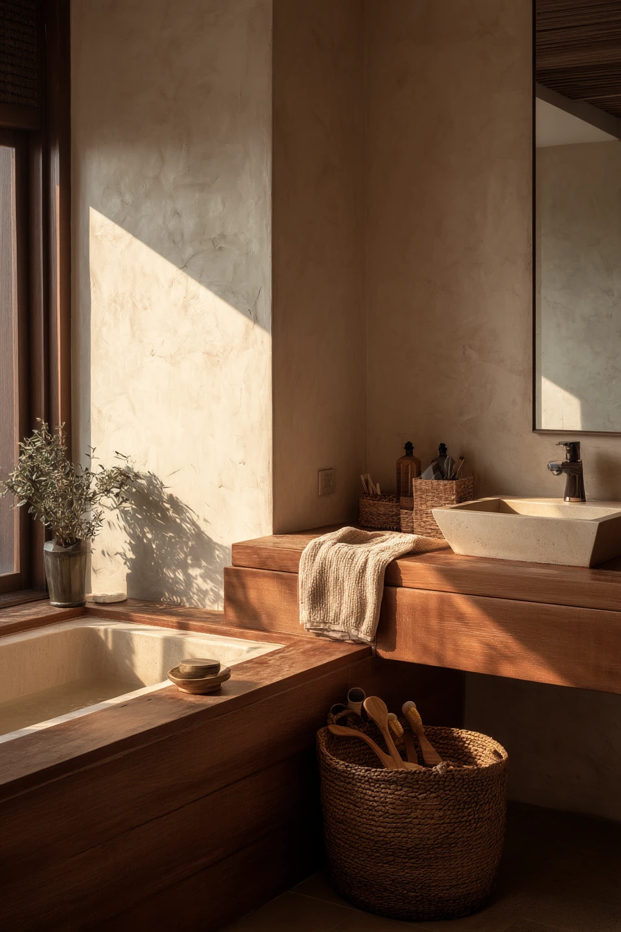 Family Bathroom with Warm Natural Texture