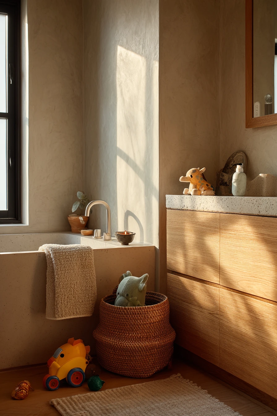 Family Bathroom with Warm Natural Texture