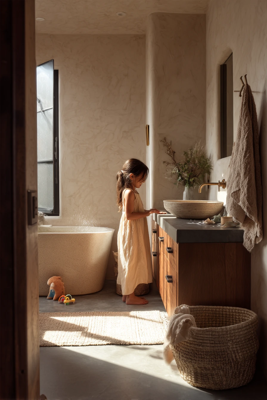 Family Bathroom with Warm Natural Texture