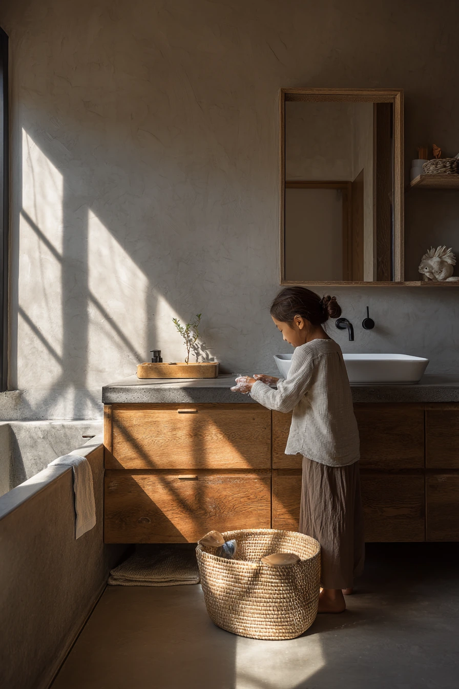 Family Bathroom with Warm Natural Texture