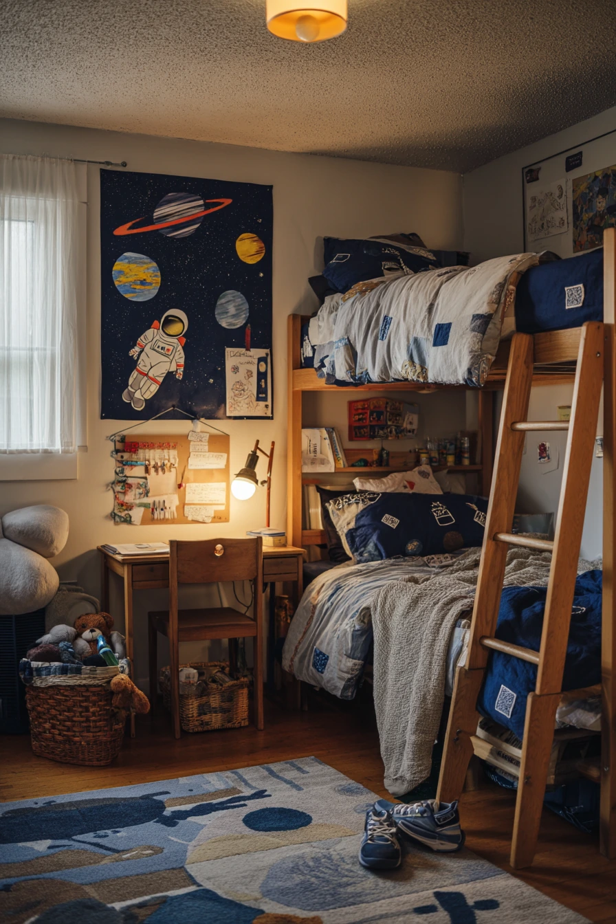 Shared Sibling Bedroom with Space Missions and Soft Chaos