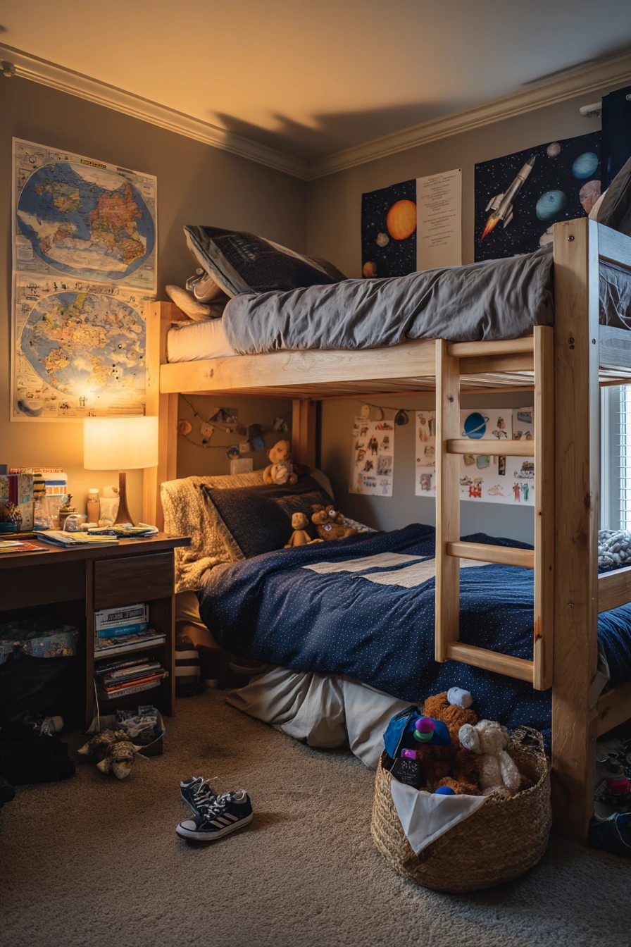 Shared Sibling Bedroom with Space Missions and Soft Chaos