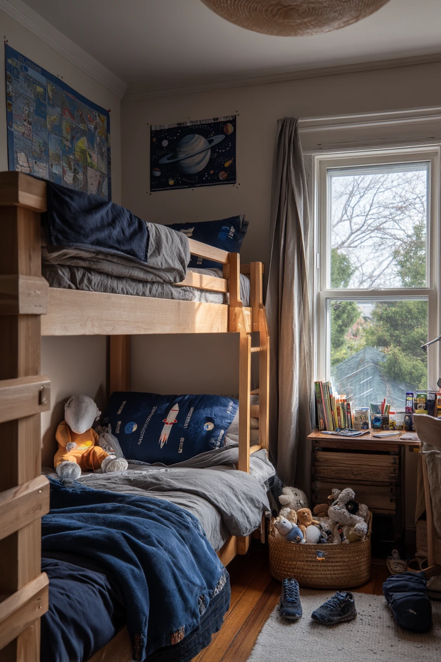 Shared Sibling Bedroom with Space Missions and Soft Chaos