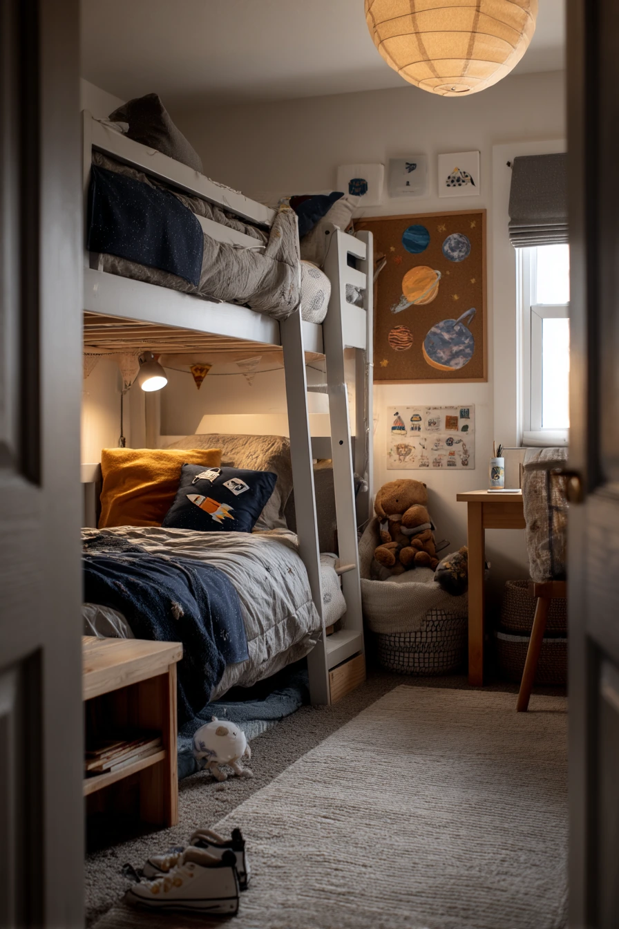 Shared Sibling Bedroom with Space Missions and Soft Chaos