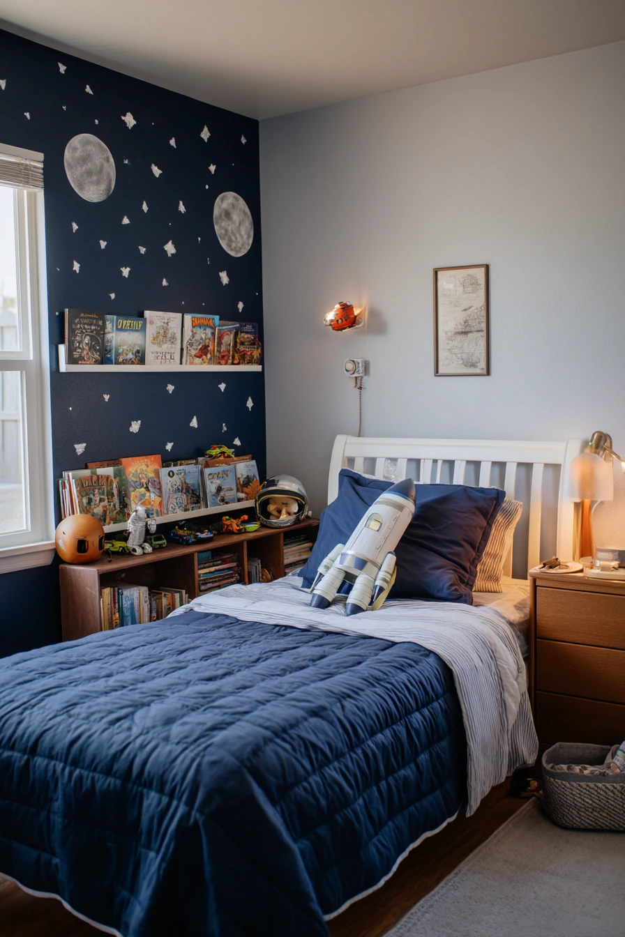 Toddler Astronaut Bedroom with Toy Basket and Moon Wall Decals