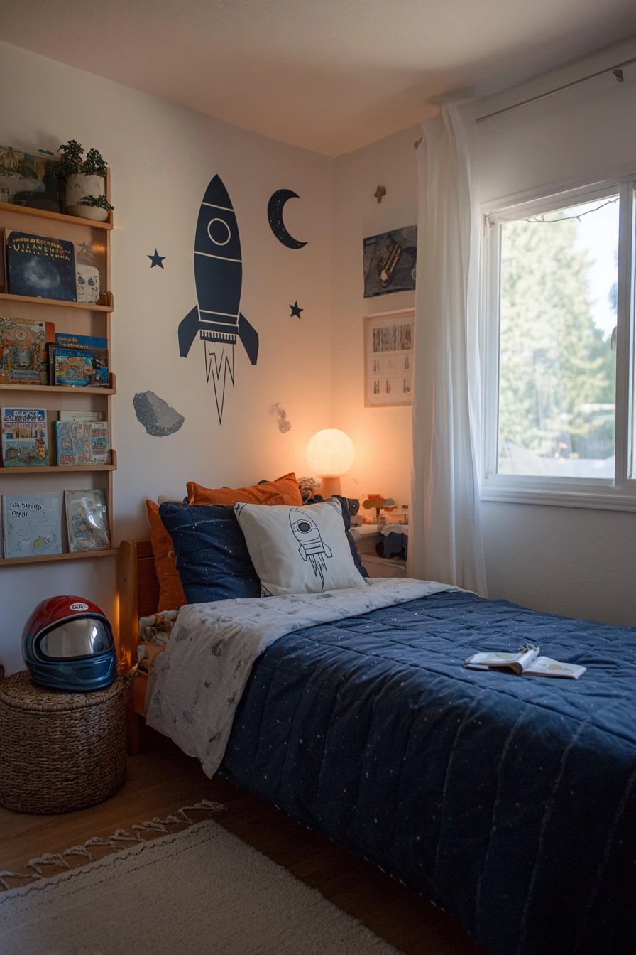 Toddler Astronaut Bedroom with Toy Basket and Moon Wall Decals