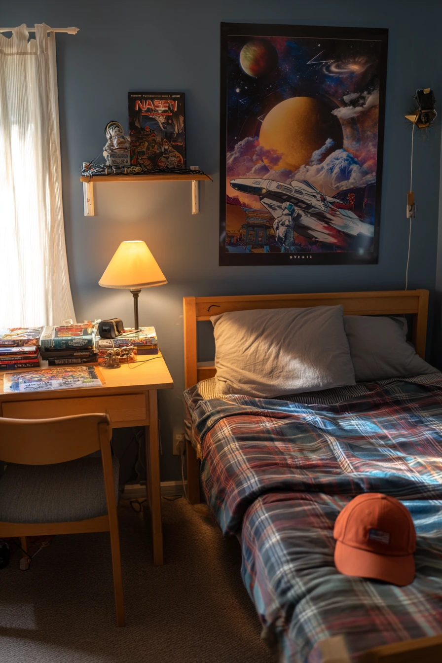 Retro Space Bedroom with Vintage Toys and Posters