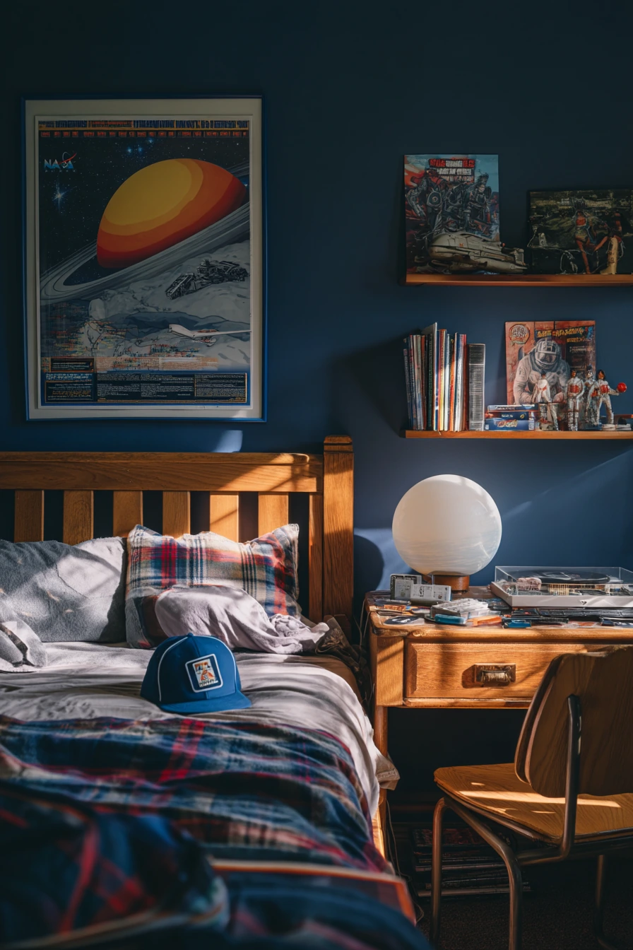 Retro Space Bedroom with Vintage Toys and Posters