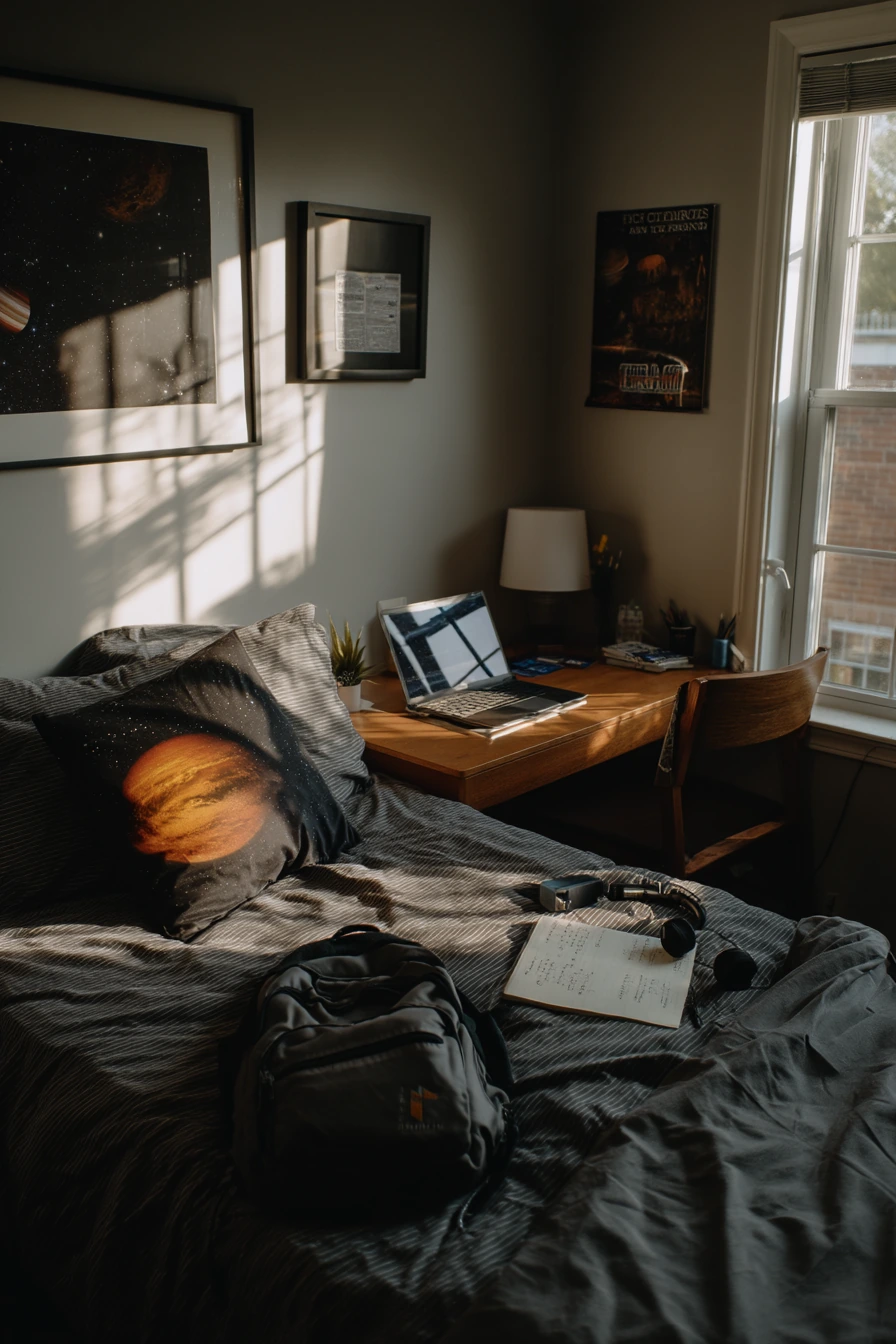 Teen Study Bedroom with Astronaut Wall Art and Real Routine