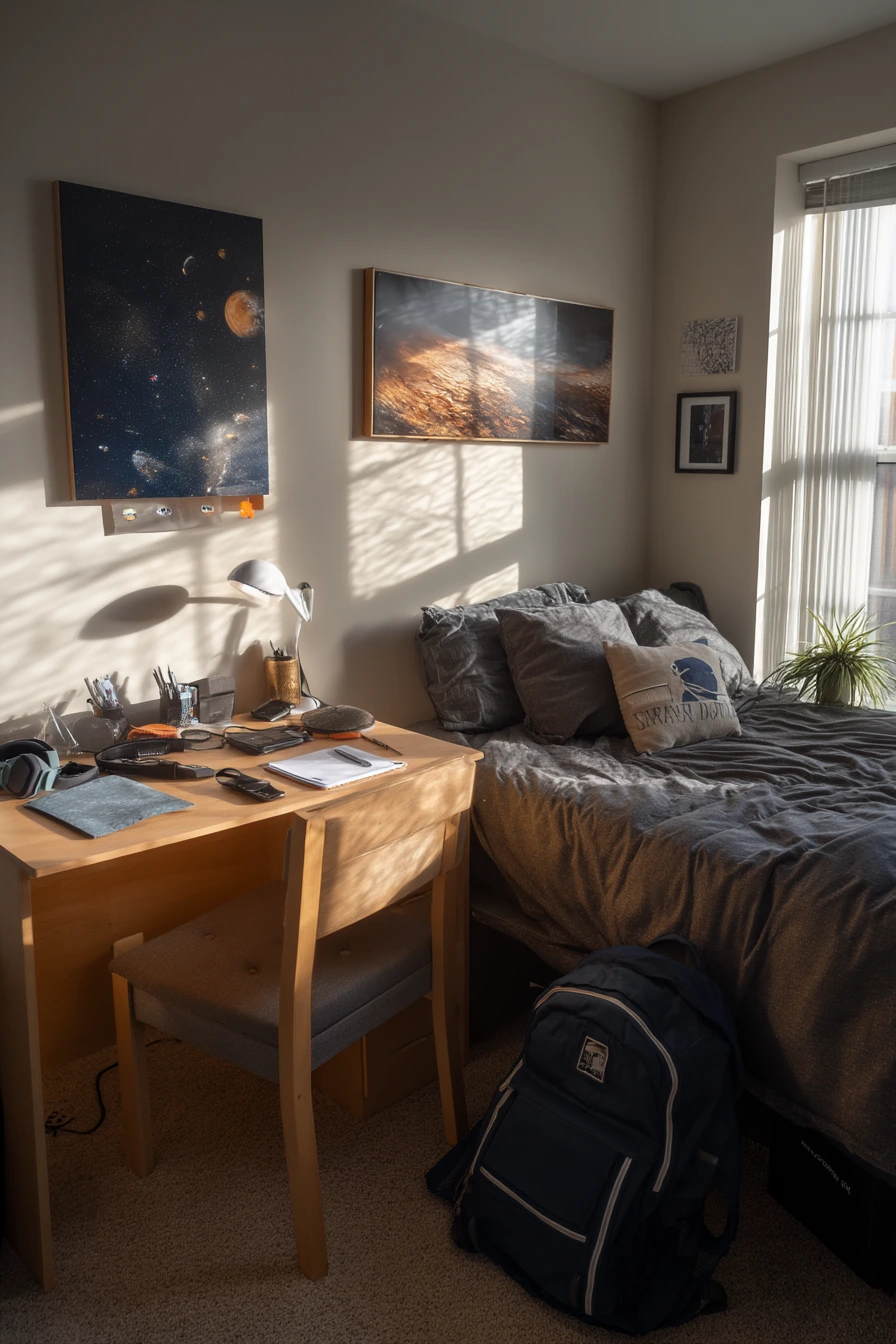 Teen Study Bedroom with Astronaut Wall Art and Real Routine