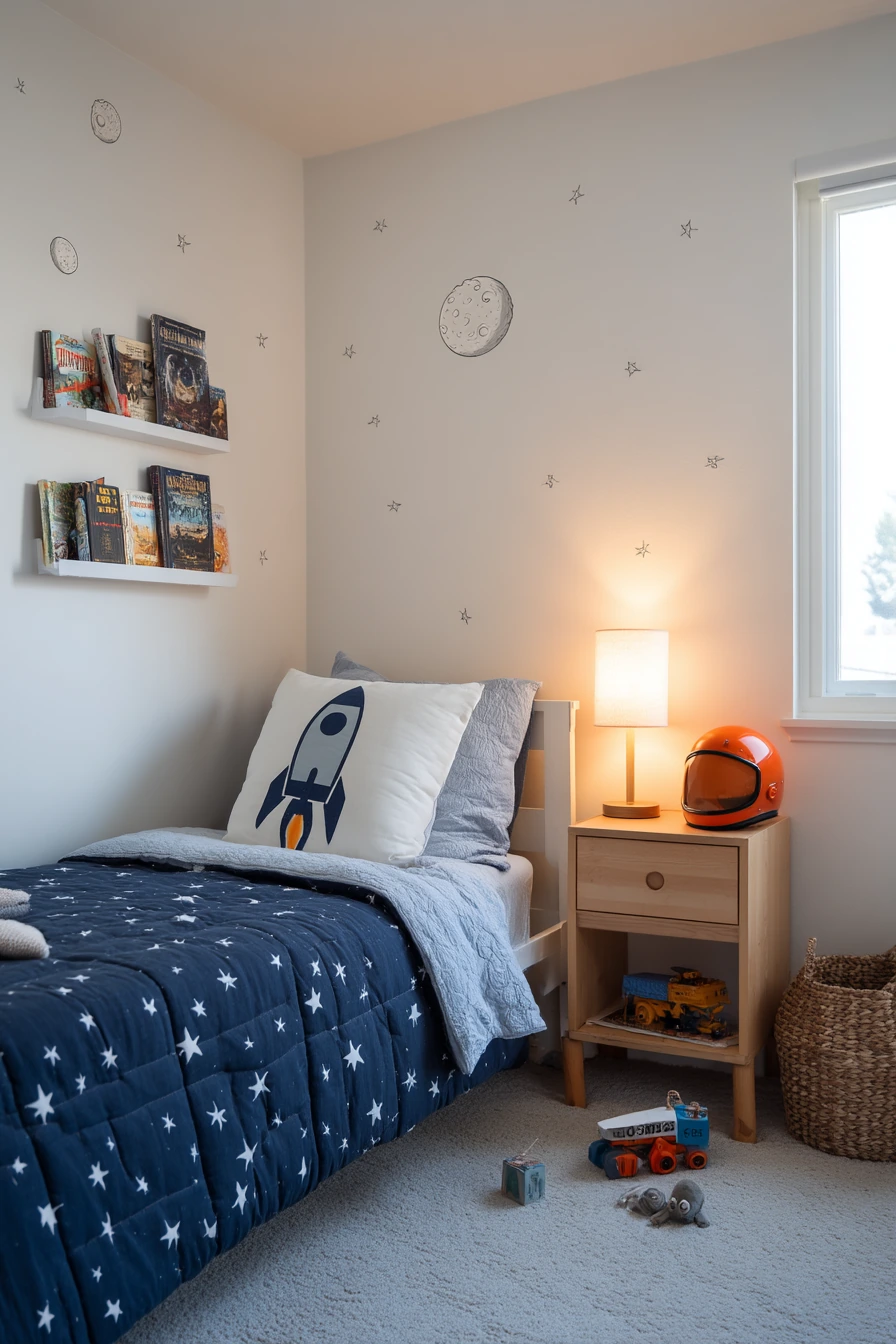 Toddler Astronaut Bedroom with Toy Basket and Moon Wall Decals