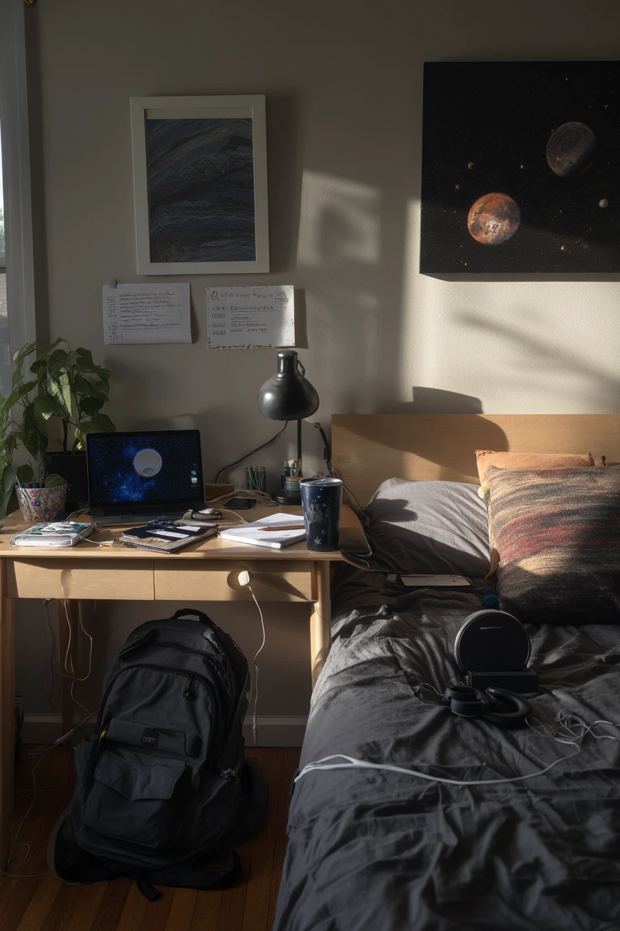 Teen Study Bedroom with Astronaut Wall Art and Real Routine