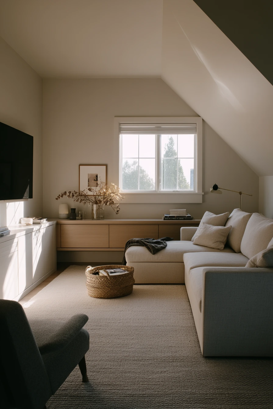 10. Warm Minimal Attic Lounge With Storage