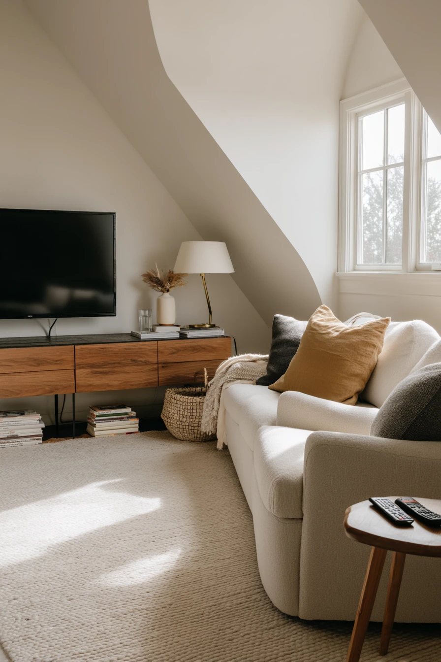 10. Warm Minimal Attic Lounge With Storage