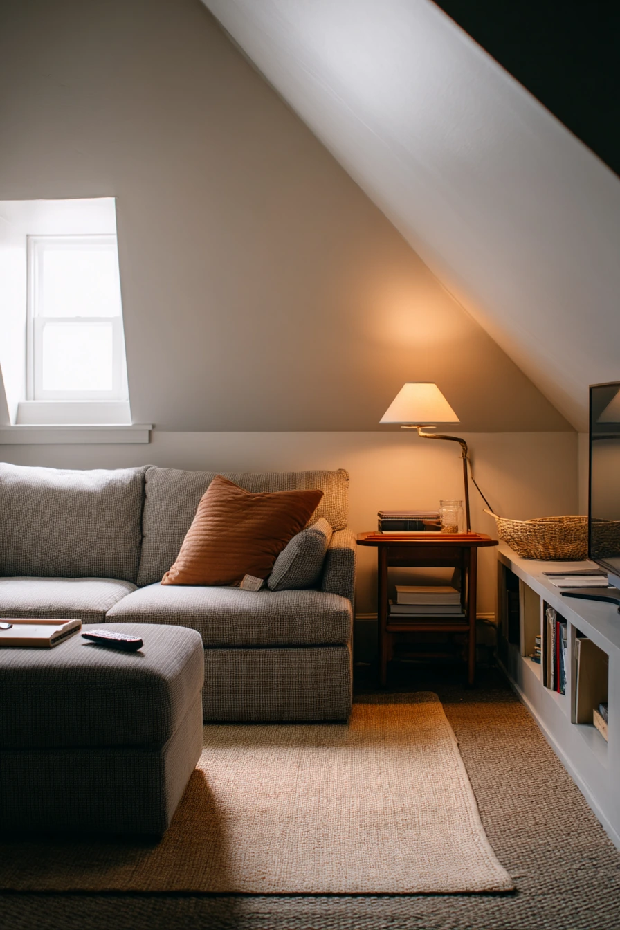10. Warm Minimal Attic Lounge With Storage