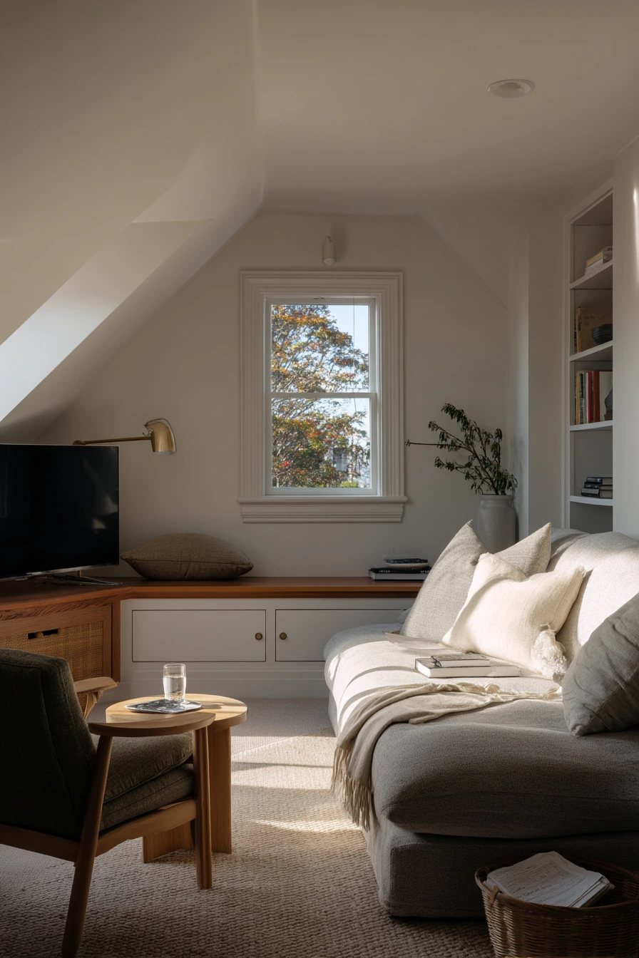 10. Warm Minimal Attic Lounge With Storage
