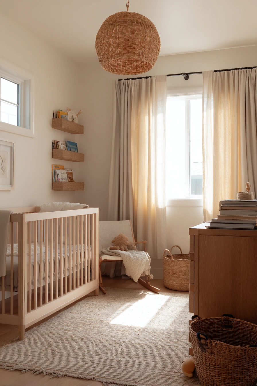 Gender-Neutral Nursery with Warm Wood and Linen