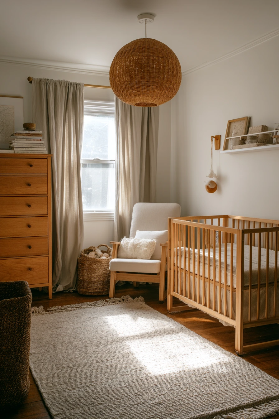 Gender-Neutral Nursery with Warm Wood and Linen