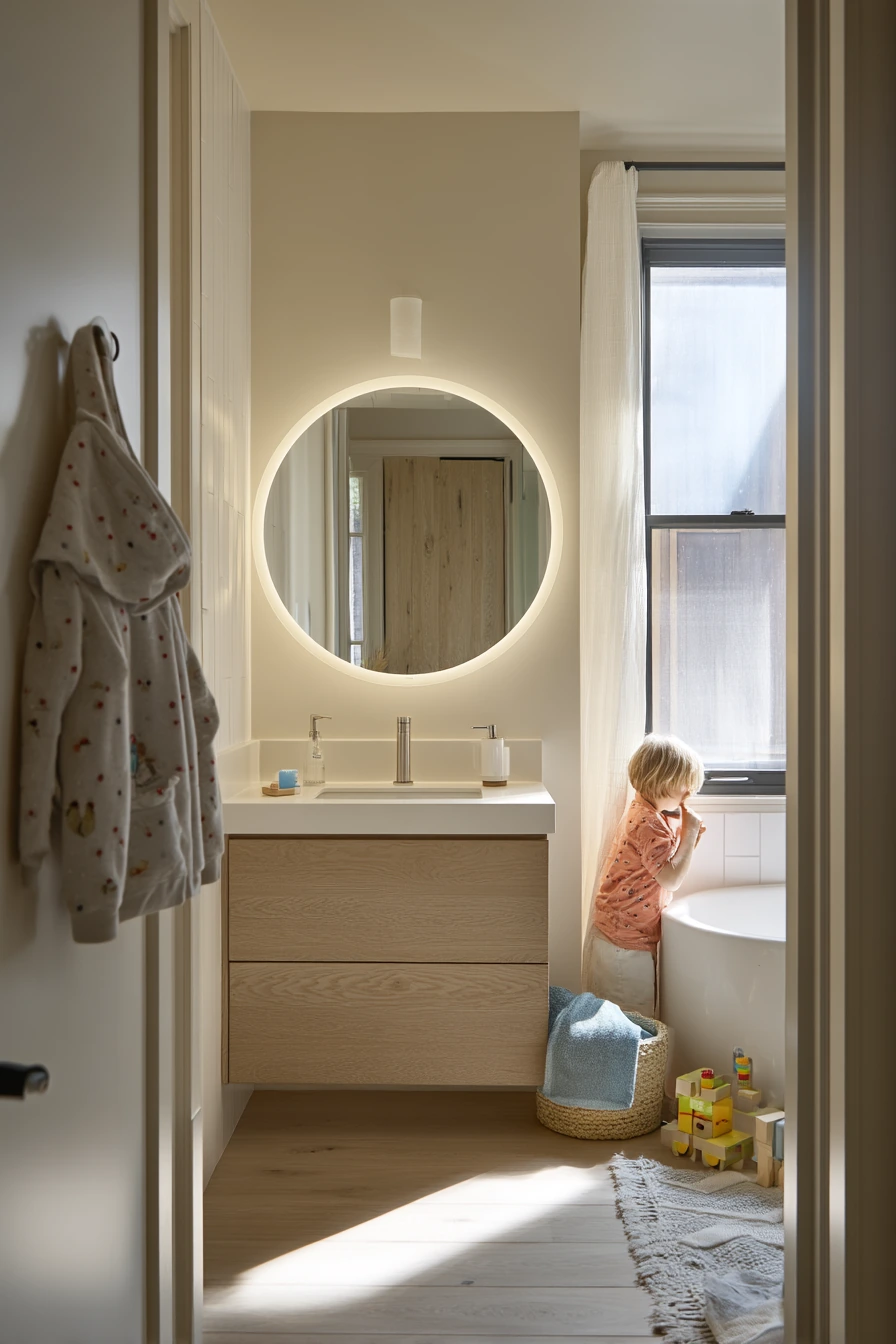 Soft Backlit Vanity in a Shared Family Bath