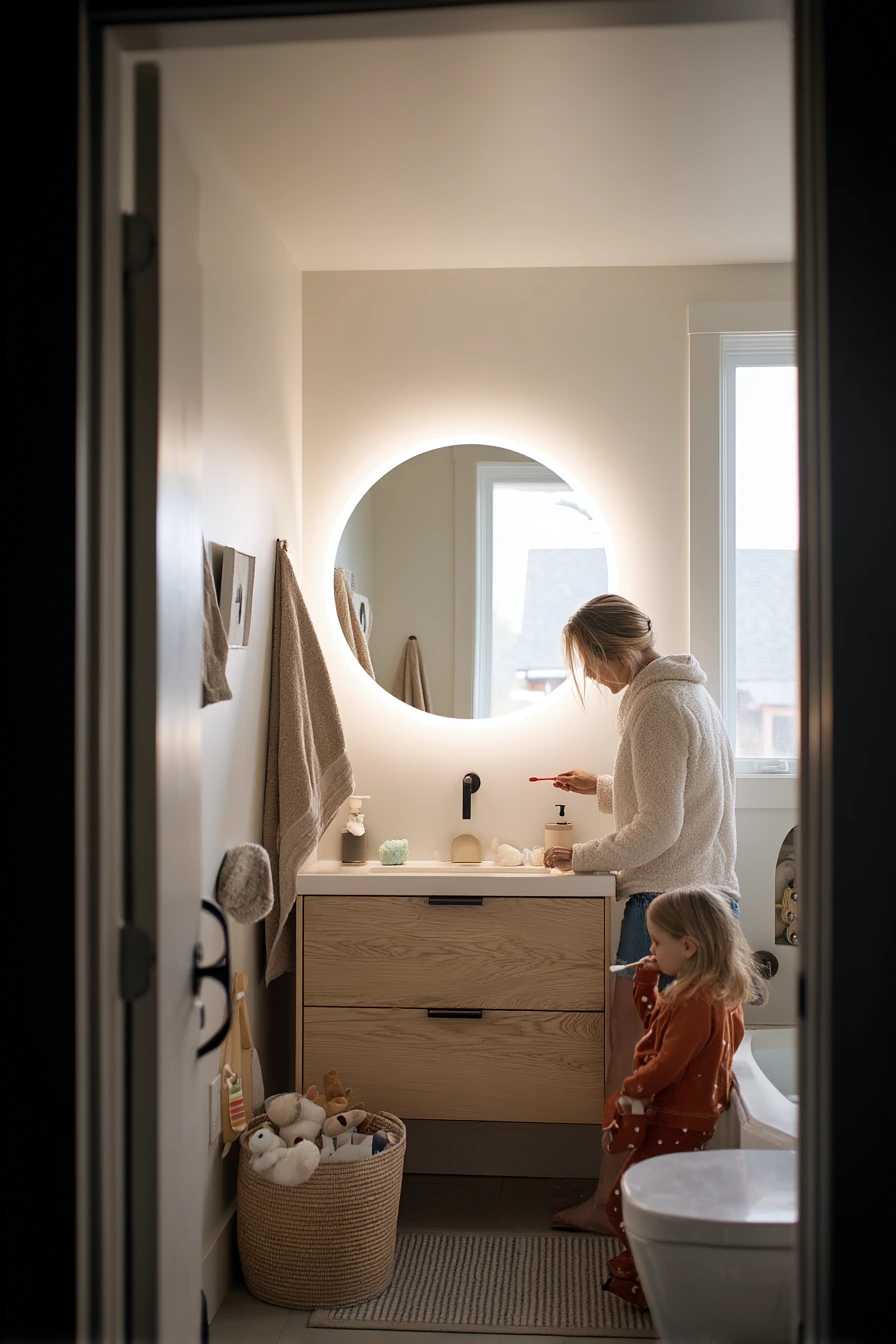 Soft Backlit Vanity in a Shared Family Bath