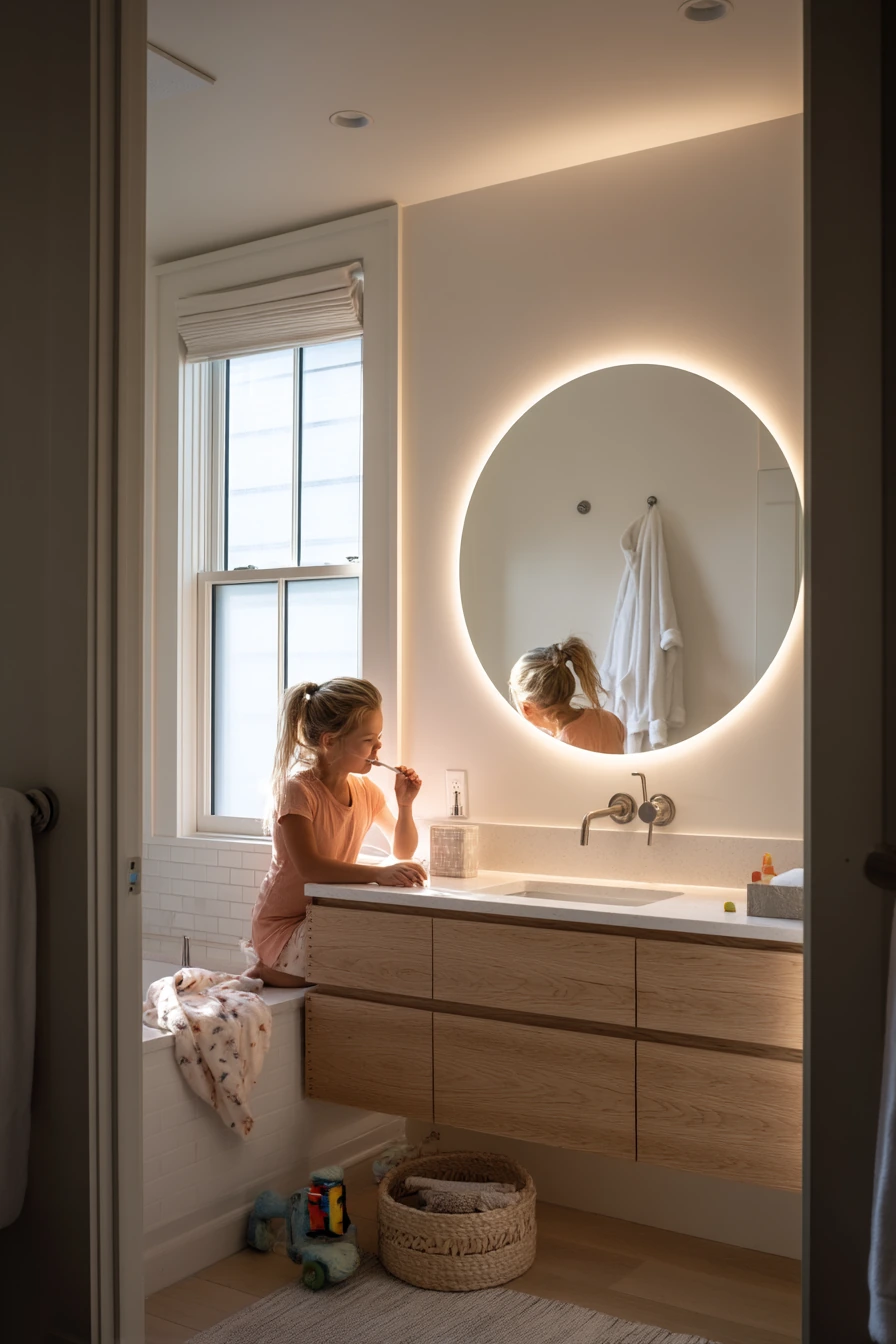 Soft Backlit Vanity in a Shared Family Bath